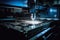 Intense Blue Laser CNC Cutting Steel, Industrial Workshop Scene