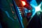 Intense close-up of bass guitar playing, with colorful stage lights. Male musician, solo performer playing on live