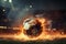 Intense close up, Soccer ball, ablaze, unleashed with power in stadium