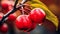 Intense Color Saturation: Three Red Apples On A Branch With Water Drops