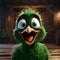 Intense Emotion: Green Cartoon Bird Stands By Wooden House