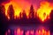 Intense flames from a massive forest fire, generative ai. Flames light up the evening as they rage thru pine forests and sage