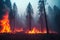 Intense flames from a massive forest fire, generative ai. Flames light up the evening as they rage thru pine forests and sage