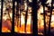 Intense flames from a massive forest fire, generative ai. Flames light up the evening as they rage thru pine forests and sage