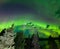 Intense green Aurora borealis over boreal forest
