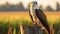 Intense Lighting: Majestic Osprey Perched On Fence Post In Lush Cornfield