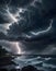 Intense Lightning Illuminating Dark Cloudy Sky, Generative AI