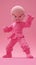 Intense Pink Clad Martial Artist Figurine Ready for Action with Bold Facial Expression and Dynamic Fighting Stance on Pink