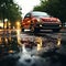 Intense rain, car tires create artistic ripples on wet road