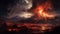 Intense scene of a volcanic eruption with bright red lava flowing and dark ash clouds, showcasing the power and fury of