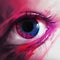 An intense shot of a magenta eye staring into the lens with mystery. Trendy color of 2023 Viva Magenta.. AI generation