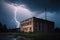 intense storm raging outside abandoned building, with lightning bolts striking and thunder booming