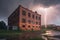 intense storm raging outside abandoned building, with lightning bolts striking and thunder booming