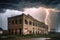 intense storm raging outside abandoned building, with lightning bolts striking and thunder booming