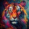 Intense and vibrant tiger artwork with colorful gradients and detailed flora fauna