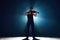 Intense violin recital with musician standing on stage with backlights against darkness with smoke. Instrumental classic