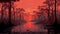Intensely Detailed Red Sunset Over Australian Mangrove Forest - Graphic Design-inspired Illustration