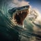 Intensity of a massive shark navigating through towering waves