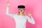 Interact alternative reality. Digital device benefits. Woman head mounted display pink background. Virtual reality and