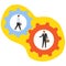 Interaction between people. Two businessmen inside gears interacting. Vector illustration.