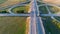 Interchange highway road network. Aerial landscape road crossing.