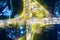 Interchange night traffic cross road aerial view