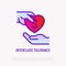 Interclass tolerance thin line icon: one hand donates to other. Symbol of charity for destitute. Modern vector illustration