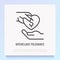 Interclass tolerance thin line icon: one hand donates to other. Symbol of charity for destitute. Modern vector illustration