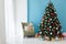 Interer home Christmas tree with gift lights garland decor new year