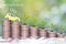 Interest rate and Banking concept, Miniature yellow car model and Plant growing on stack of coins money on natural green