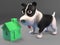Interested black and white puppy dog looks at a small green house, 3d illustration