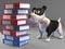 Interested black and white puppy dog looks at a stack of files and folders, 3d illustration