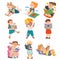 Interested Kids Sitting and Lying with Open Book and Reading Vector Set