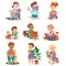 Interested Kids Sitting with Open Book and Reading Vector Set