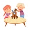 Interested Little Boy and Girl at Table Making Rocket Model from Cardboard in Kindergarden Vector Illustration