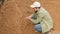 Interested young bearded farmer holding handful of brewers spent grains in open storage area at dairy farm, checking