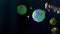 Interesting green cartoon planet, rotating over black background, looking as if coming from popular angry birds game.