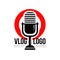 Interesting logo with retro microphone and red circle on background. Vlog or video blogging concept. Live stream badge