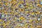 Interesting mosaic in gray, blue and yellow tones. Lined with small stones.