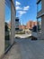 Interesting view through some houses to the Harbor District HafenCity in Hamburg, Germany