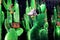 Interesting window display of upscale purses and sneakers set on bright green cactus plants, 5th Avenue, New York City, 2018