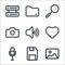 interface line icons. linear set. quality vector line set such as image, save, microphone, love, speaker, camera, search, folder