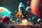 Intergalactic Odyssey: A Stunning Retro Adventure with Rocket Ships and Aliens in Bokeh and Ultra-Wide Angle