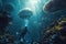 intergalactic traveler exploring the depths of an alien ocean, with strange creatures swimming in the water