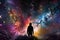 intergalactic traveler floating among colorful nebula, surrounded by starfields