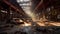 Interior of abandoned car construction factory, AI generative obsolete plant with broken mashines