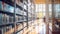 Interior of an abstract, blurry college library. Bookshelves and a classroom in blurry focus. use as a backdrop or background in