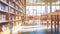 Interior of an abstract, blurry college library. Bookshelves and a classroom in blurry focus. use as a backdrop or background in