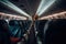 Interior of an airplane, rows of leather seats line the aircraft, illuminating the cabin with soft overhead lights. Generative AI