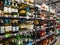 Interior of Albert Heijn store with rows alcoholic wine products